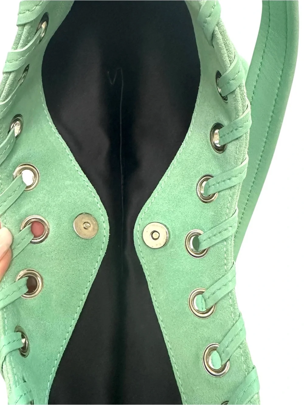 Sergio Rossi Mint Green Suede Hobo Shoulder Bag Grommet Hardware Italy Vintage